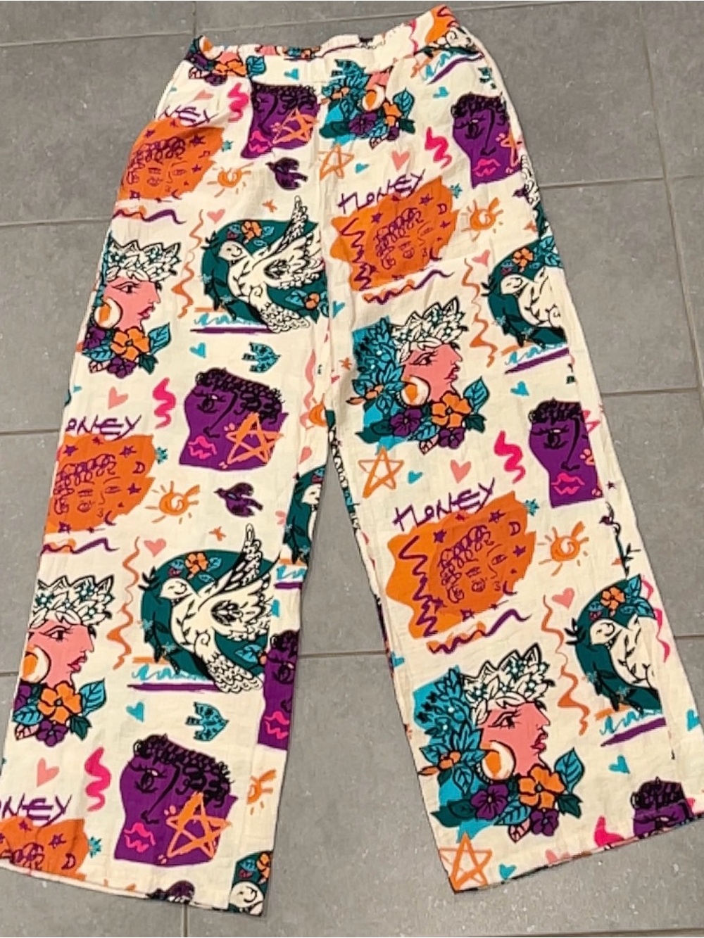 Milk & Honey Women L Pants Abstract Face Print High Rise Wide Leg Elastic Waist